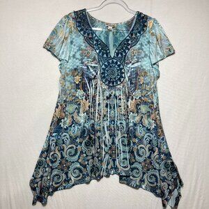 World Unity Top size 2X Blue Multi Flutter Sleeve Soft Stretch Boho Embellished